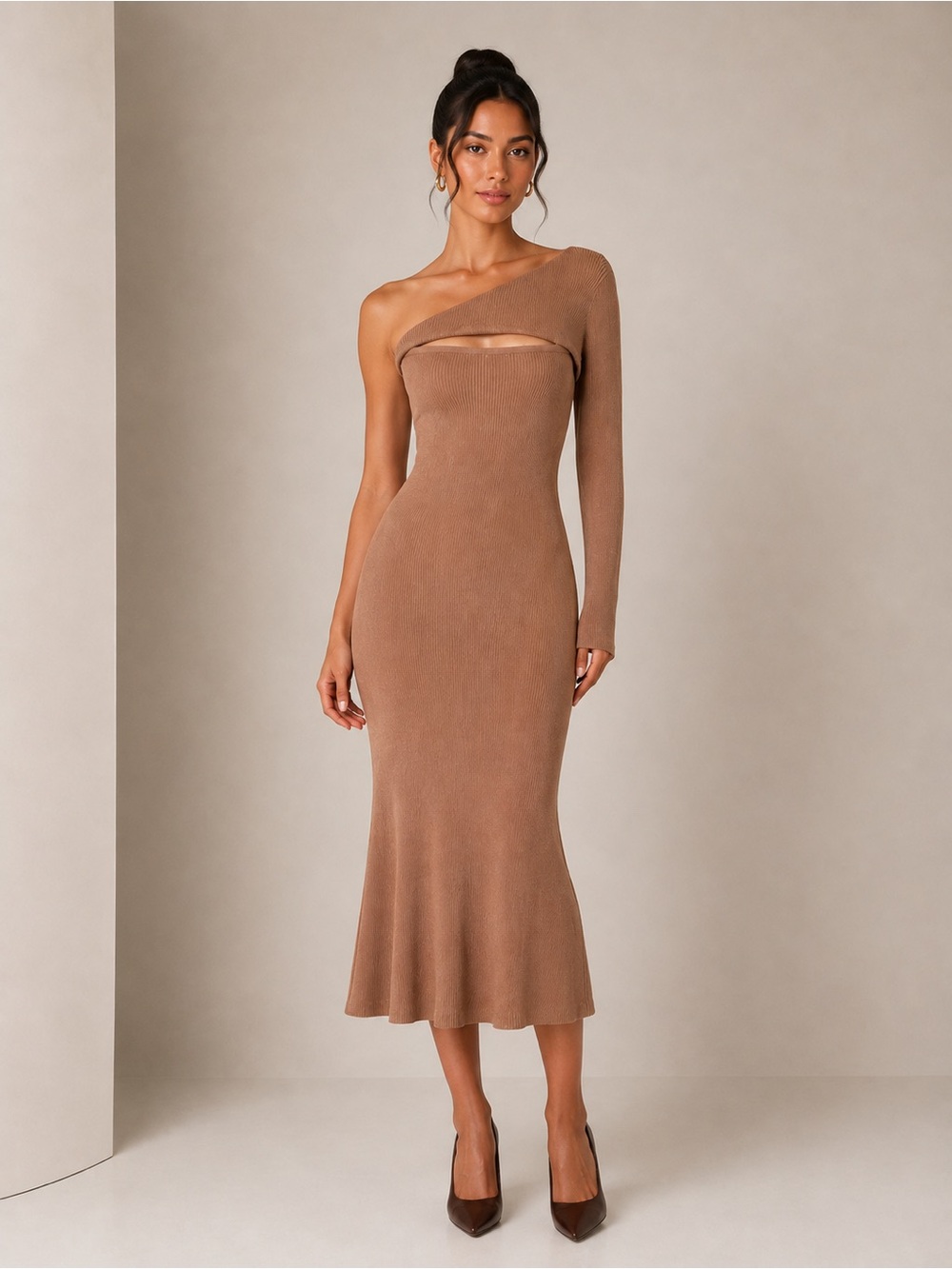 Privy Brown Ribbed Off Shoulder Midi Dress Size M